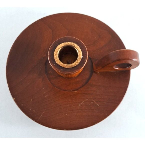 Vintage Wood Candle Holder W Finger Loop Handle Felt Bottom Colonial Pioneer - Picture 2 of 4